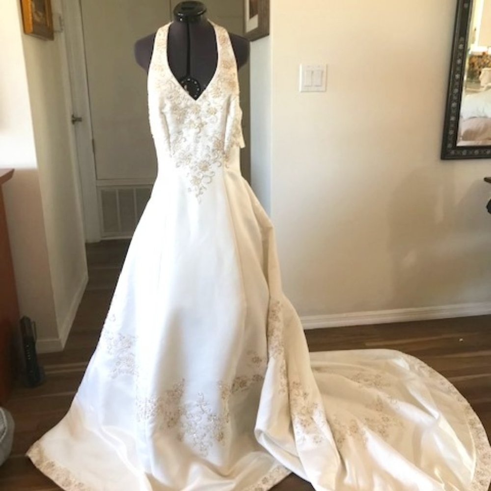 Wedding dress beaded, train, halter top, satin 14